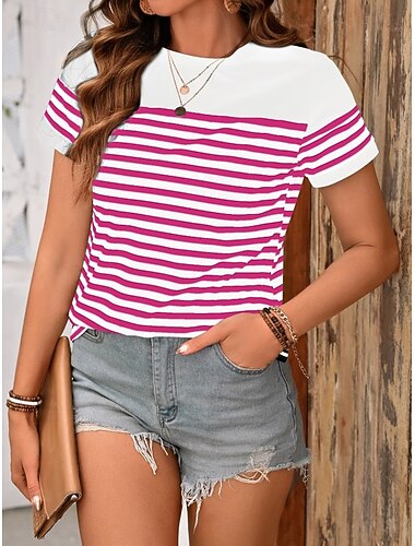 Women's T Shirt Print Graphic Geometric Striped Vintage Stylish Classic Short Sleeve Crew Neck Regular Tops Daily Black Pink Summer Spring