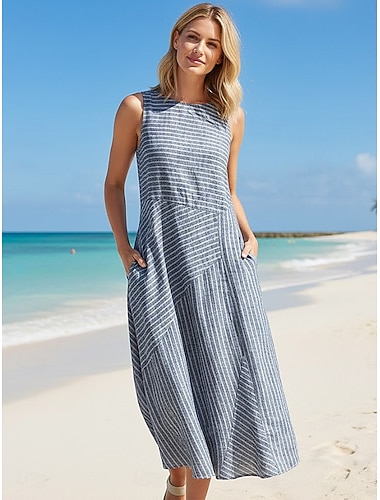  Dámské Midi šaty Áčkové šaty prázdniny Na běžné nošení Venkovní Jdeme ven Volný Proužek Bez rukávů Výstřih ke krku Vodní modrá Trávová zelená Šedá Léto Jaro