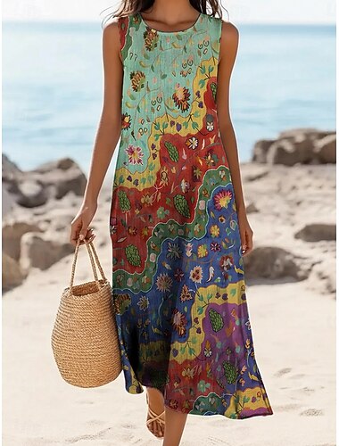  Per donna Abito Midi Finto cotone e lino Abito a Tubino Vestito Estivo Vestito Casual Vintage Quotidiano All'aperto Spiaggia Vestibilità regolare Floreale Senza Maniche Girocollo Verde scuro Viola