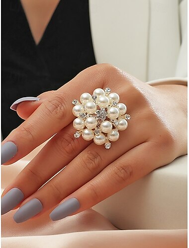  Dámský prsten s umělou perlou, elegantní nastavitelný koktejlový prsten ve zlaté a stříbrné barvě, vintage svatební šperky na svatby, večírky, večerní akce a formální příležitosti