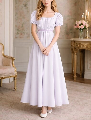  19e eeuw Regency-periode Tot de enkel Jurken Korte mouwen Prinses Vriendelijke vrouw Edelvrouw Effen Kleur Vierkante hals Kostuum Dames Koninklijk Halloween Carnaval Teaparty LARP Ren Faire