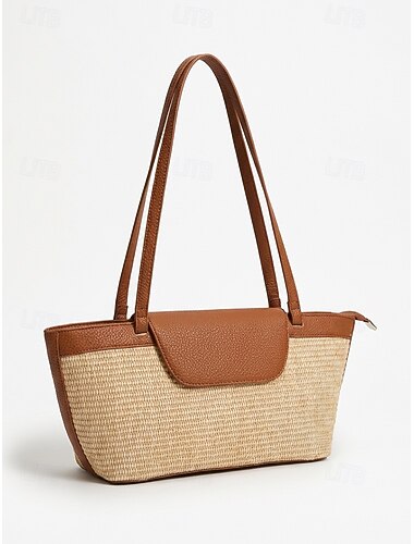  Damestas van geweven stro, veelkleurige handtas met grote capaciteit, casual strand- en resorttas voor vakantie, dagelijks gebruik en buitenactiviteiten.