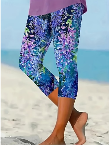  Γυναικεία Κάπρι παντελόνια κινέζικα Κολάν Διακοπές Βίντατζ Κομψό στυλ street Μήκος μοσχάρι Ψηλή Μέση Φλοράλ Γραφική Εκτύπωση Άνεση Moale Άνετο Ελαστικό Καθημερινά ΕΞΩΤΕΡΙΚΟΥ ΧΩΡΟΥ Διακοπές Βυσσινί
