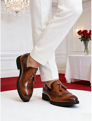  Herreloafers i brunt kunstskinn med dusker, klassiske bryllupssko med komfortabel passform for formelle arrangementer