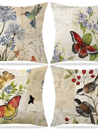  Vårblomsterfugl putetrekk i lin med blomster- og fugletrykk, dekorativt putetrekk til stue, sofa, hjemmedekor