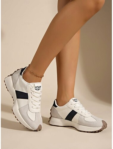  dames retro wit &Grijze platform sneakers - casual chunky dad shoes met een zwarte contraststreep voor dagelijks gebruik in de stad of voor woon-werkverkeer. &stadswandeling