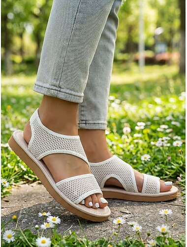 Hvite, pustende, casual sandaler i netting til dame – lette sommersko for kvinner, hverdagslige gåturer, reiser, hageturer, strandturer og avslappet utendørsbruk