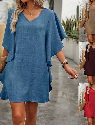 Dámské Mini šaty Úpletové šaty Na běžné nošení Denní Volný Bez vzoru Poloviční rukáv Do V Vodní modrá Černá Fialová Rubínově červená Léto Jaro Podzim