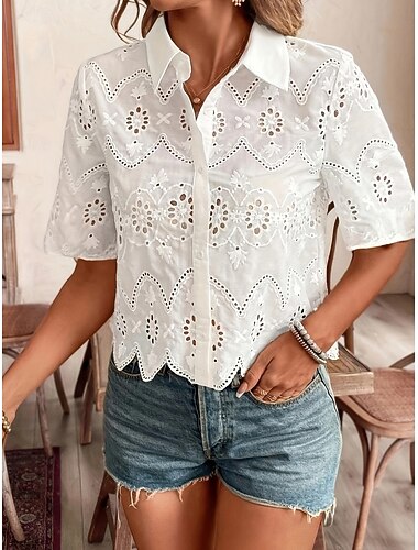  Femmes Chemise Chemise en Dentelle Chemisier Évider Uni Basique Classique Moderne Manche Courte Col de chemise Hauts Réguliers Quotidien Fête Sortir Blanche Été Printemps