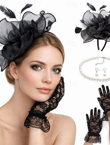  Set Derbyt Handskar Huvudbonad Halsband med tillbehör Maskeradkläder Dam Maskerad Bröllop Ascot Hästkapplöpningsfestival Vuxna Huvudbonad Handskar Örhängen