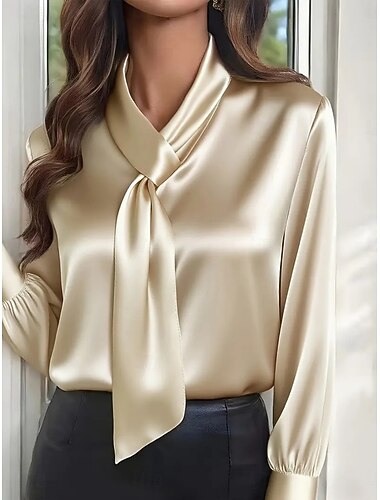  damebluse satengskjorte rynket ensfarget elegant stilig arbeid langermet knyting i halsen vanlig topper daglig kontorarbeid svart hvit khaki vår høst