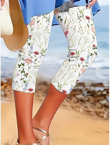  Dámské Kalhoty chinos Legíny Oříznuté kalhoty prázdniny Vinobraní Šik ven Capris Vysoký pas Květinový Grafika Potisk Pohodlné Yumuşak Vysoká pružnost Denní Venkovní Dovolená Bílá Léto Jaro Podzim Slim