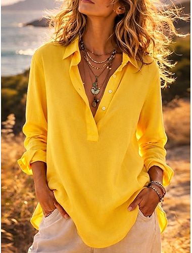  camicie di lino da donna camicia estiva abbigliamento da spiaggia camicetta bottoni tinta unita elegante basic casual camicia a maniche lunghe colletto top regolari quotidiani blu bianco giallo rosa verde primavera autunno