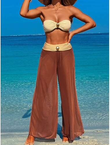  Dames Zwemkleding Driedelig Pantalon Zwempak Met ruches Blote rug Vakantie Strand Kleding Effen Strapless Mouwloos Badpakken