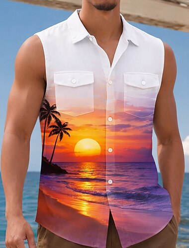  Homme Cocotier Nature et paysages Coucher du soleil Chemise Chemise hawaïenne Chemise Aloha Sans manches Resort Vacances à la Plage Été Printemps Col Rabattu Impression 3D Deux poches avant Chemises