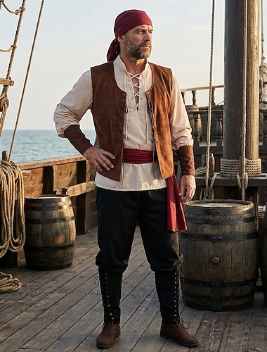  Set Rétro Vintage Médiéval Renaissance Pantalon accessoire Veste avec accessoires Manches longues Pirate Col rond Déguisement Homme Halloween Carnaval Foire de la Renaissance LARP Adultes Adulte