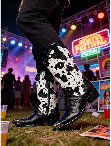  Bottes de festival pour hommes en cuir véritable, motif vachette noire, idéales pour les festivals de musique