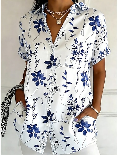  Dámské Košile Knoflíky Tisk Květinový Grafika Vinobraní stylové Moderní Krátký rukáv Košilový límec Běžné topy Denní Vodní modrá Žlutá Fialová Trávová zelená Léto Jaro