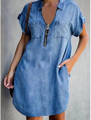  Dámské Mini šaty Džínové šaty Volnočasové šaty Módní Moderní Venkovní Dovolená Jdeme ven Běžný Bez vzoru Krátký rukáv Do V Vodní modrá Bordó Fialová Šedá Léto Jaro