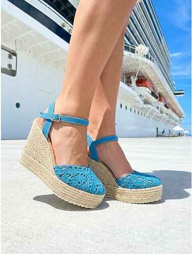  Espadrilles compensées blanches en dentelle pour femme - talons compensés respirants en crochet avec bride cheville - chaussures de mariée bohèmes élégantes pour la plage &mariages à destination
