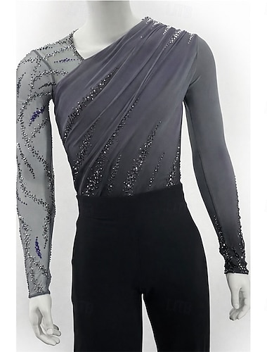  Kunstschaatstopje Voor heren Schaatsen Tops Grijs Lapwerk Rekbaar Opleiding Wedstrijd Kunstschaatskleding Klassiek Kristal / Bergkristal Lange mouw Schaatsen Kunstschaatsen