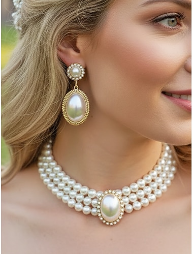  Damesketting en oorbellen met imitatieparels, vintage elegante meerlaagse choker met ovale hanger, klassieke bruidssieraden voor bruiloften, avondfeesten en formele gelegenheden.