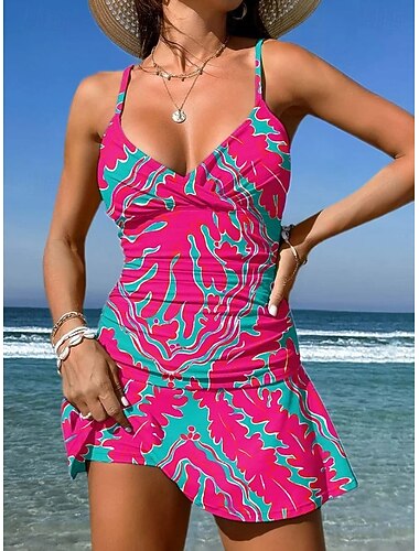  Dames Zwemkleding Een stukje Rok Zwempak Elegant Vakantie Grafisch Meetkundig V-hals Mouwloos Badpakken