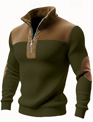  Herren Sweatshirt Pullover Viertelreißverschluss Sweatshirt Rippenstrick Aprikose Schwarz Weiß Grün Stehkragen Einfach Patchwork Farbblock Strukturiert Lässig Täglich Sport & Outdoor Streetwear Cool