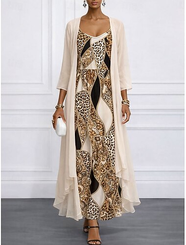  Damen Kleid-Set A Linie Kleid Elegant Urlaub Blumen Grafik Geschichtet Druck Maxikleid Dreiviertelarm V Ausschnitt Strand Formell Blau Purpur Beige Sommer Frühling Normale Passform