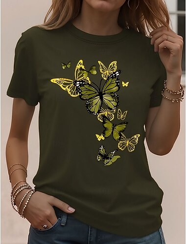  نسائي تي شيرت طباعة الرسم حيوان فراشة عتيق أنيق كلاسيكي كم قصير رقبة عالية مدورة رقبة دائرية قمصان عادية مناسب للبس اليومي عطلة نهاية الاسبوع أبيض وردي بلاشيهغ أزرق سماوي بنفسجي فاتح أرجواني