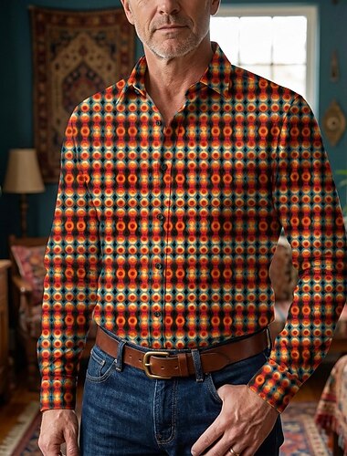  Retro vintage Jaren '70 Hemd Aloha-shirt Lange Mouwen Hippie Geometrisch Kostuum Voor heren Maskerade muziekfestival Feest Alledaagse kleding Volwassenen Hemd