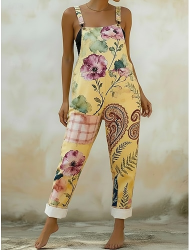  Damen Overall Aktiv Blumen Ärmellos Ärmellos Gerade Quadrathals Tasche Druck Täglich Urlaub Lässiger Schnitt Gelb Sommer