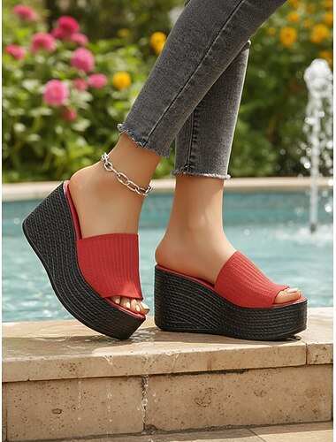  Γυναικείες κόκκινες παντόφλες πλατφόρμας με πλατφόρμες – άνω μέρος από ελαστικό πλεκτό ύφασμα, μοντέρνα σανδάλια σε casual στυλ για καθημερινή χρήση, ταξίδια, ψώνια, διακοπές στην παραλία,