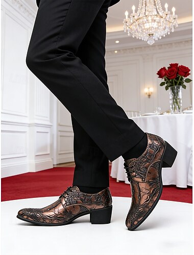  Brune herresko i kunstskinn med krokodillemønster, premium brudesko for motebevisste brudgommer og gjester