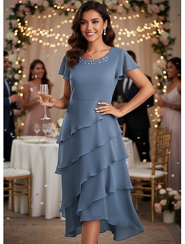  Damen Midikleid Chiffonkleid Cocktailkleid Kleid für Hochzeitsgäste Einfarbiges Kleid Elegant Formell Hochzeitsgast Cocktailparty Normale Passform Kurzarm Rundhalsausschnitt Wein Kamel Grün Leicht
