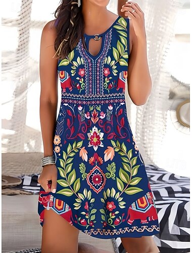  Halloween Femmes Mini Robe Robe d'Été Robe d'été Vacances Boho Fête Coupe régulière Fleuri Graphique Paisley Sans manches Col ras du cou Bleu de minuit Été Printemps