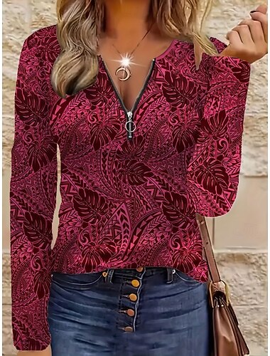  Γυναικεία Μπλουζάκι Φερμουάρ Στάμπα Γραφική Γεωμετρικό Αφηρημένο Βίντατζ Μοντέρνα Στυλάτο Μακρυμάνικο Στρογγυλή Ψηλή Λαιμόκοψη Λαιμόκοψη V Κανονικά μπλουζάκια Καθημερινά