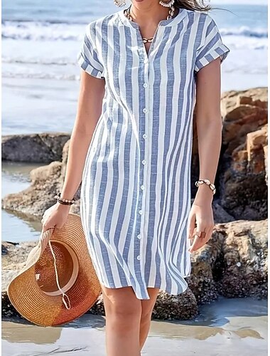  Damen Knielanges Kleid Kleider in Leinenoptik Hemdblusenkleid Freizeitkleid Elegant Mode Modern Outdoor Urlaub Ausgehen Normale Passform Einfach Kurzarm V Ausschnitt Blau Schwarz Rosa Sommer Frühling