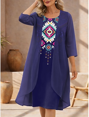  Damen Kleid-Set Shiftkleid Sommerkleid Elegant Grafik Geometrisch Geschichtet Druck Midikleid Dreiviertelarm Rundhalsausschnitt Täglich Urlaub Marinenblau Purpur Grün Sommer Frühling Normale Passform