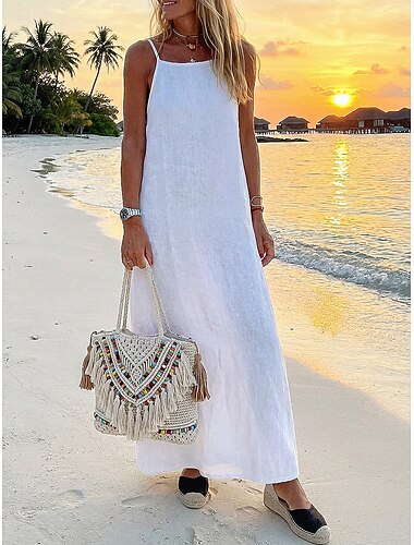  Dames Maxi-jurk Katoenmengeling Hemdjurk Zonnejurk Casual jurk Basic Casual Dagelijks Vakantie Normale pasvorm Effen Mouwloos Bandje Zwart Wit Leger Groen Zomer