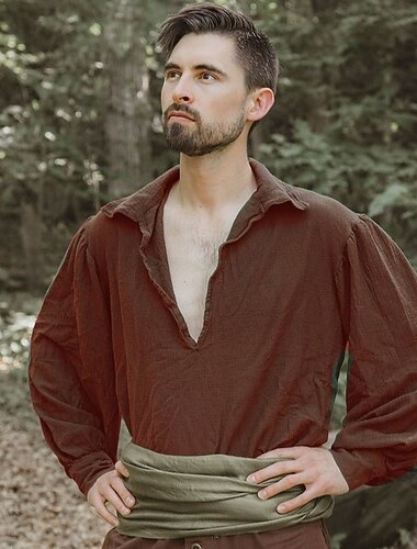  عتيق / معتق العصور الوسطى عصر النهضة قميص أكمام طويلة الفايكينج Ranger V رقبة ملابس تنكرية رجالي عيد الرعب مهرجان معرض النهضة LARP حفلة ذات طابع ريترو بالغين T-skjorte كل الفصول