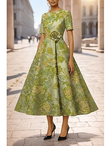  A-linje Te-lengde Cocktailkjoler Elegant Blomster Kortermet Crew-hals Hage fest Bryllup Lomme Jacquard Cowlhals med Blomstertrykk Brodert blomst Plissert
