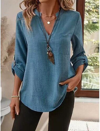 Damen Hemden in Leinenoptik Bluse Hemd aus Leinenimitat Tasche Einfarbig Täglich Basic Lässig Langarm V Ausschnitt Normale Oberteile Täglich Schwarz Khaki Königsblau Grün Aprikose Sommer Frühling