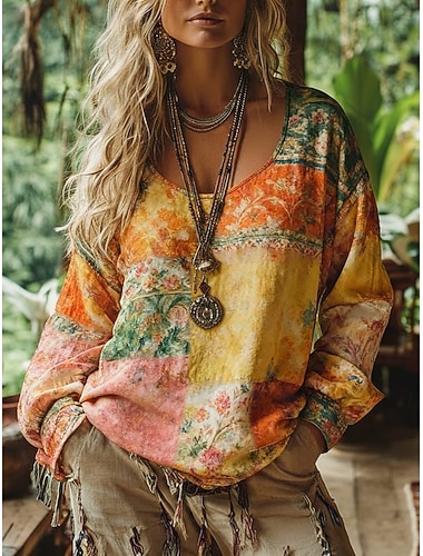  Damen Boho-T-Shirt T Shirt T-Shirt Druck Blumen Vintage Ethnisch Lässig Langarm V Ausschnitt Normale Oberteile Täglich Wochenende Urlaubskleidung Orange Sommer Frühling Herbst