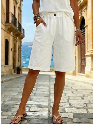  Damen Bermudashorts Caprihose Kunstbaumwollleinen Shorts Alltagstauglich Kurz Mittlere Taille Einfach Seitentaschen Atmungsaktivität Bequem Unelastisch Ausgehen Wochenende Schwarz Weiß Gelb Grün