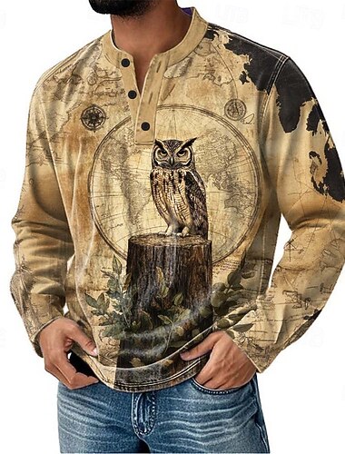  Miesten Kuvitettu Pöllö Henley-paita Pitkähihainen Muoti söpö tyyli Päivittäin Kausaliteetti Pyhäpäivä Bile Syystalvi Kevät Sininen Purppura Khaki Harmaa Henley Henley T-paita