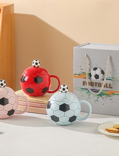  Set regalo di tazze in ceramica a forma di pallone da calcio, tazza da 12 oz/350 ml con tema calcistico, coperchio e cucchiaio, tazza da caffè ricordo sportivo con confezione regalo, bicchieri
