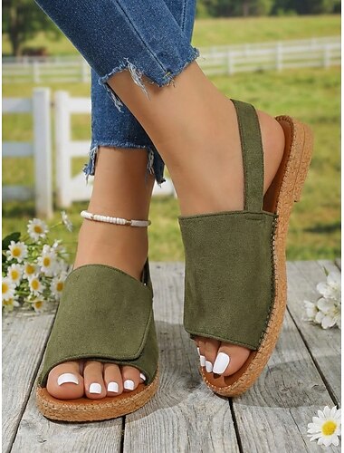 Casual platte sandalen voor dames in legergroen - comfortabele platte schoenen met open teenbandje voor de zomer, strand en reizen. &dagelijkse kleding