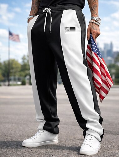  Herren Jogginghose Gerade geschnittene Sweatpants Kordelzug Tasche Elastischer Bund Farbblock Nationalflagge Komfort Volle Länge Lässig Täglich Outdoor Urlaub Mode Schwarz Rote Dehnbar