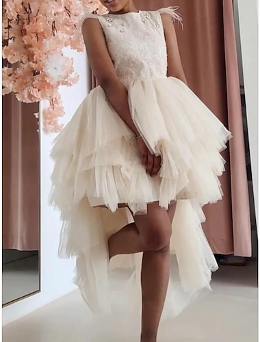  Prinsesse Kort mini Blomsterpikekjole Konfirmasjon Jenter Søt ballkjole Sateng med Perlearbeid Elegant Passer 3-16 år